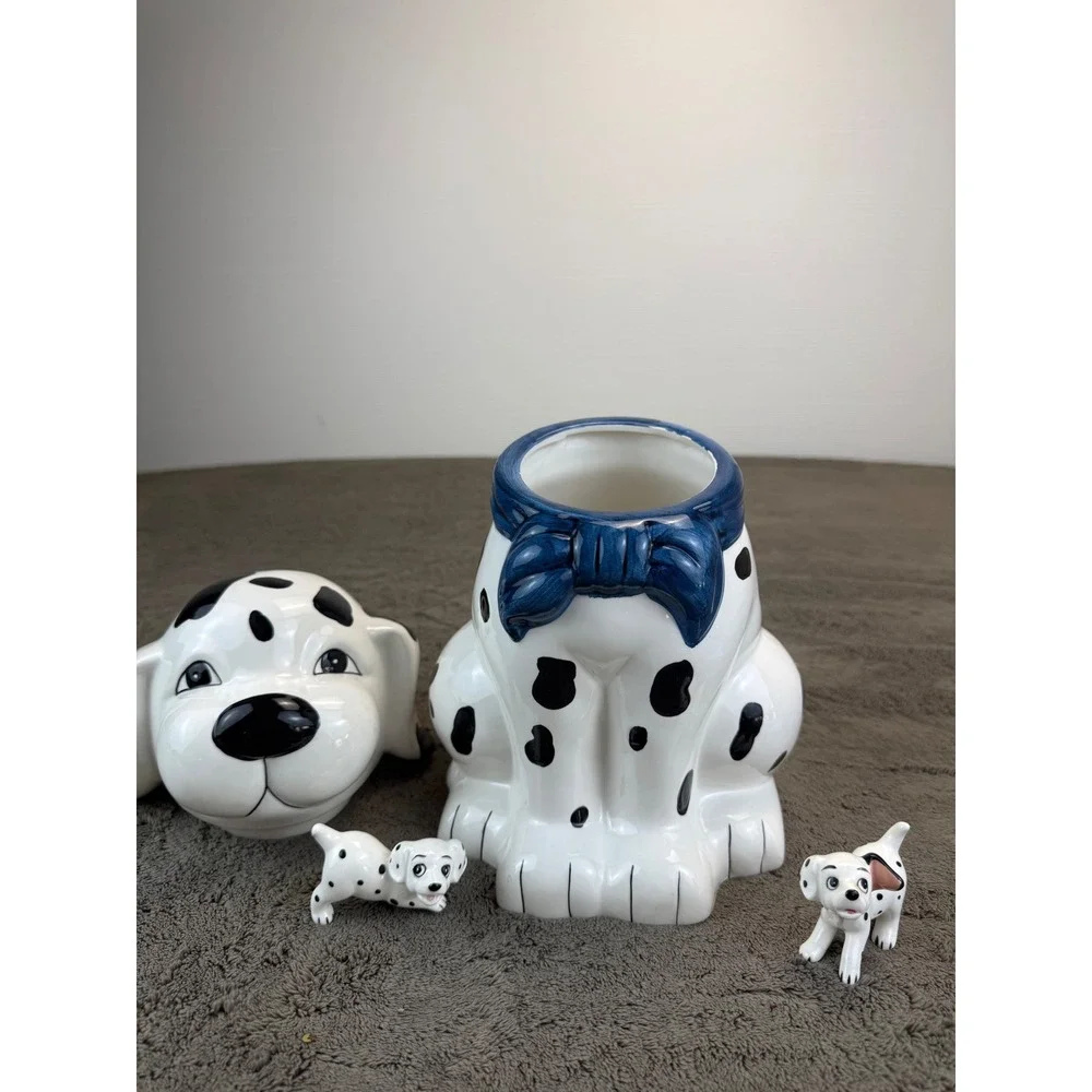 Vintage Dalmatian Ceramic Cookie Jar with‎ 2 Puppy Figurines Blue Bow Set